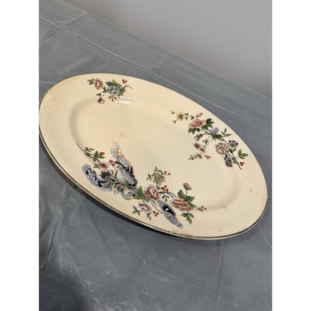 Vintage Floral Oval Serving Platter Gold Trim Creamware Transferware Dish